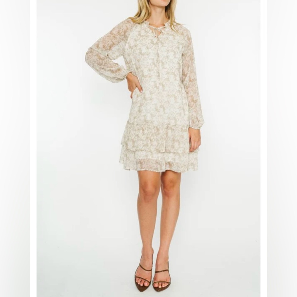 🟠NWT CALISTA Ruffle Trimmed Long Sleeve Tunic Mini Dress in Olive/Off White